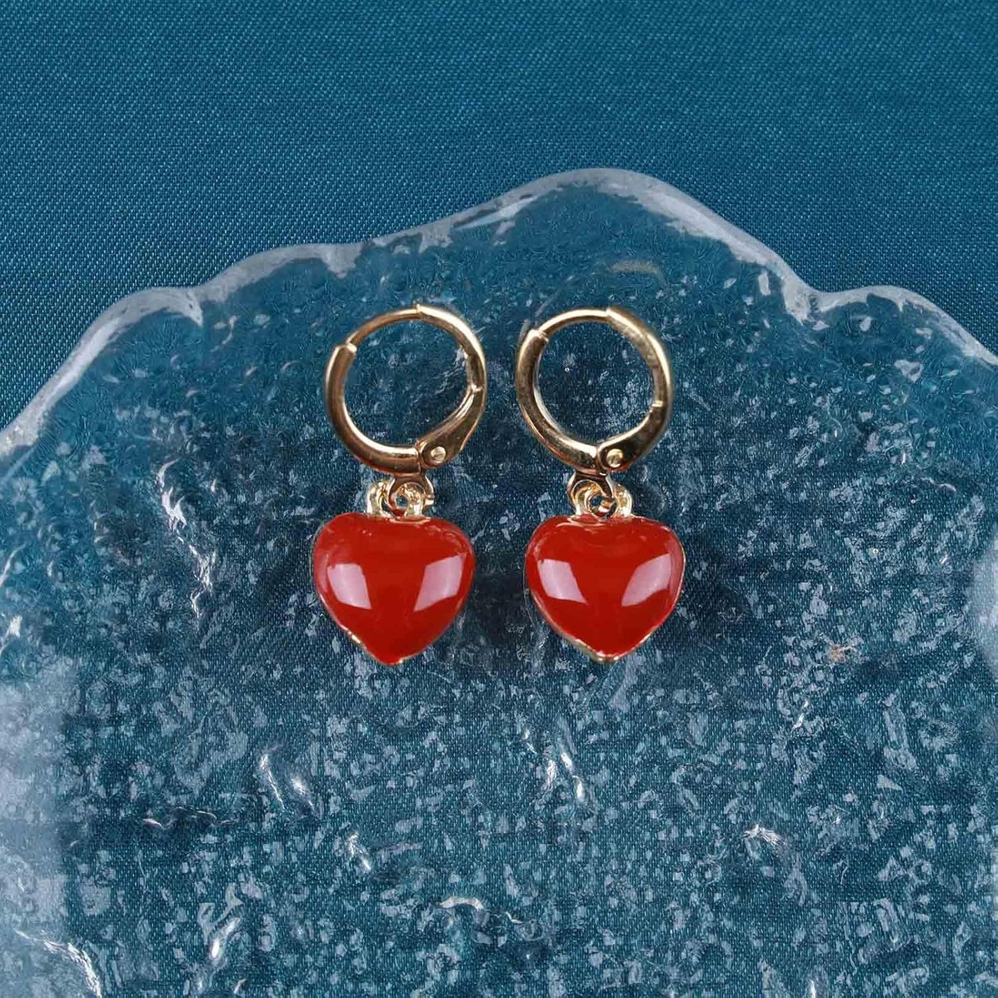 Vintage Heart Dangle earrings Red Coral Earrings Red Heart Love Huggie Earrings Gold Hoop Huggie Earrings Jewelry for Women