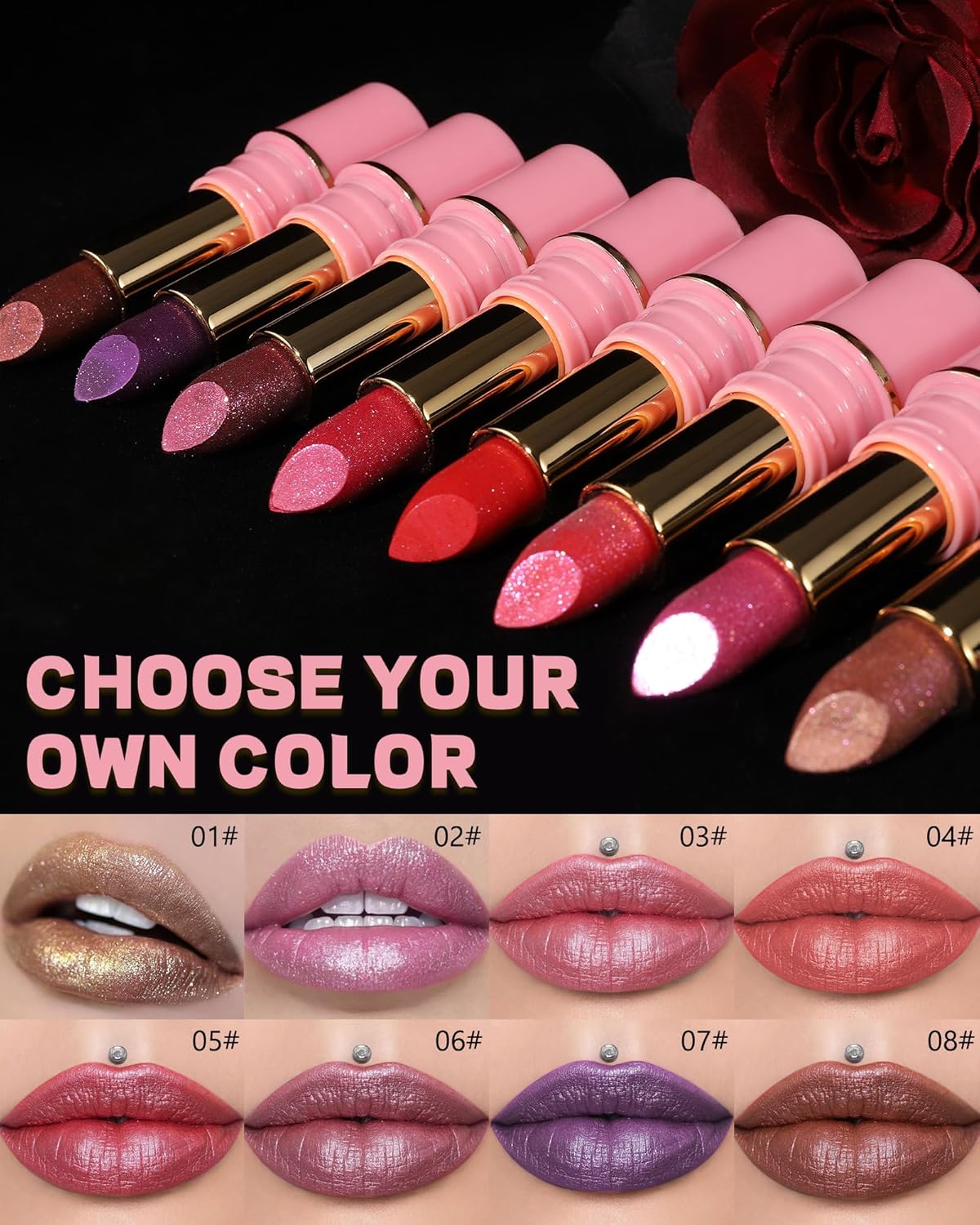 Glitter Metallic Brown Shimmer Lipstick Long Lasting, Glitter Diamond Shine Nude Red Lipstick Transfer Proof Non-Stick Lip Gloss Shimmer Highly Pigmented Full Coverage Lip Makeup for Women-08