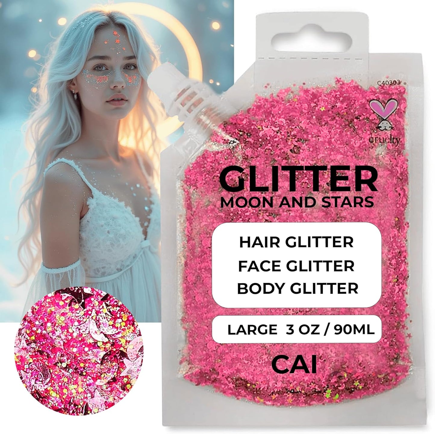Face, Body & Hair Glitter Gel – Halloween Glitter for Kids and Women – 3 Oz Cosmetic-Grade Gel w/Moon & Stars for Festivals & Halloween Party, Easy Apply & Wash Off - Silver/Pink 2Pack