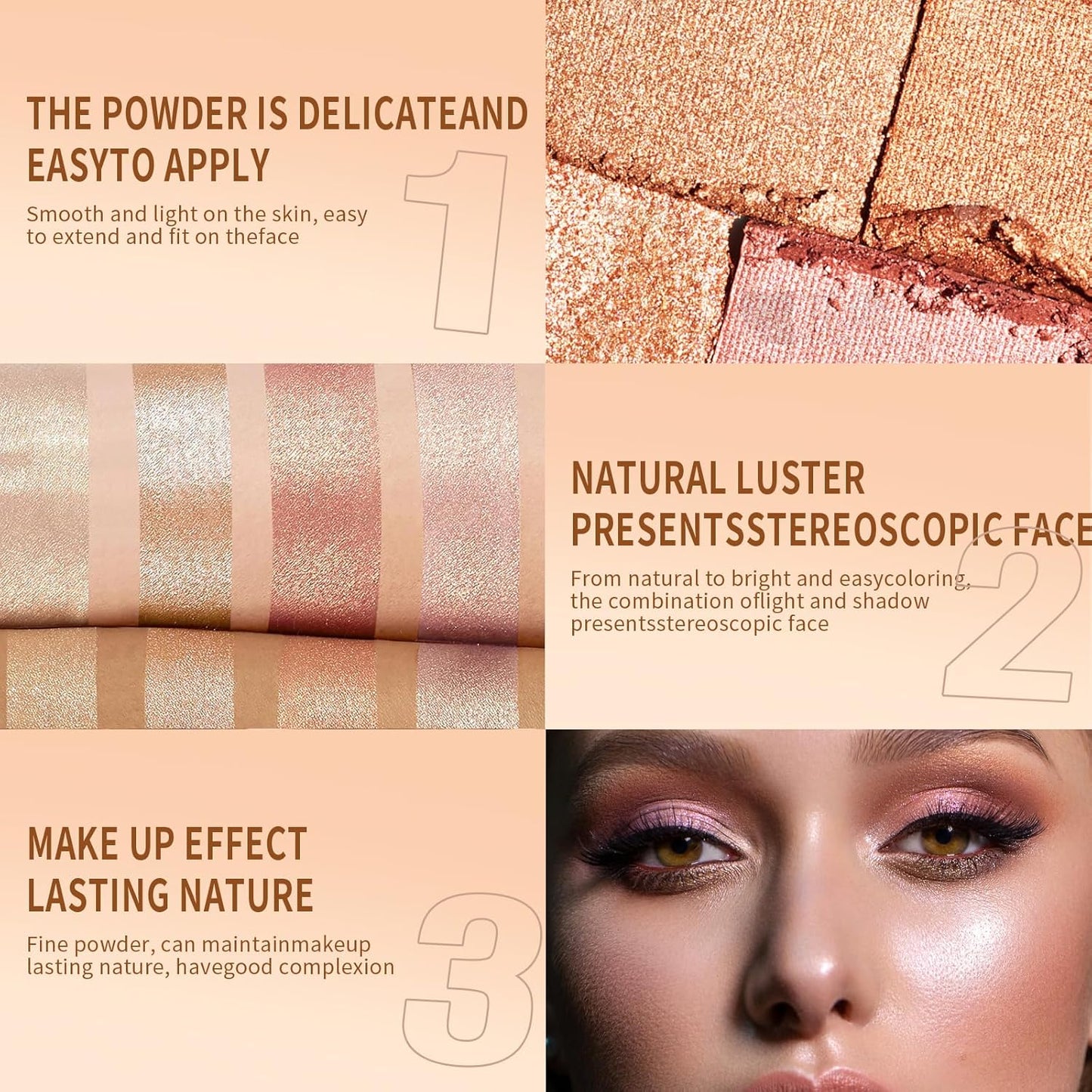 Highlighter Powder Palette, 5 Colors Makeup Palette Contour Palette Eyeshadow Makeup Kit Waterproof Long Lasting Brilliant Lighten Skin Color Professional Versatile Face Shading Set(1, brown, Large)