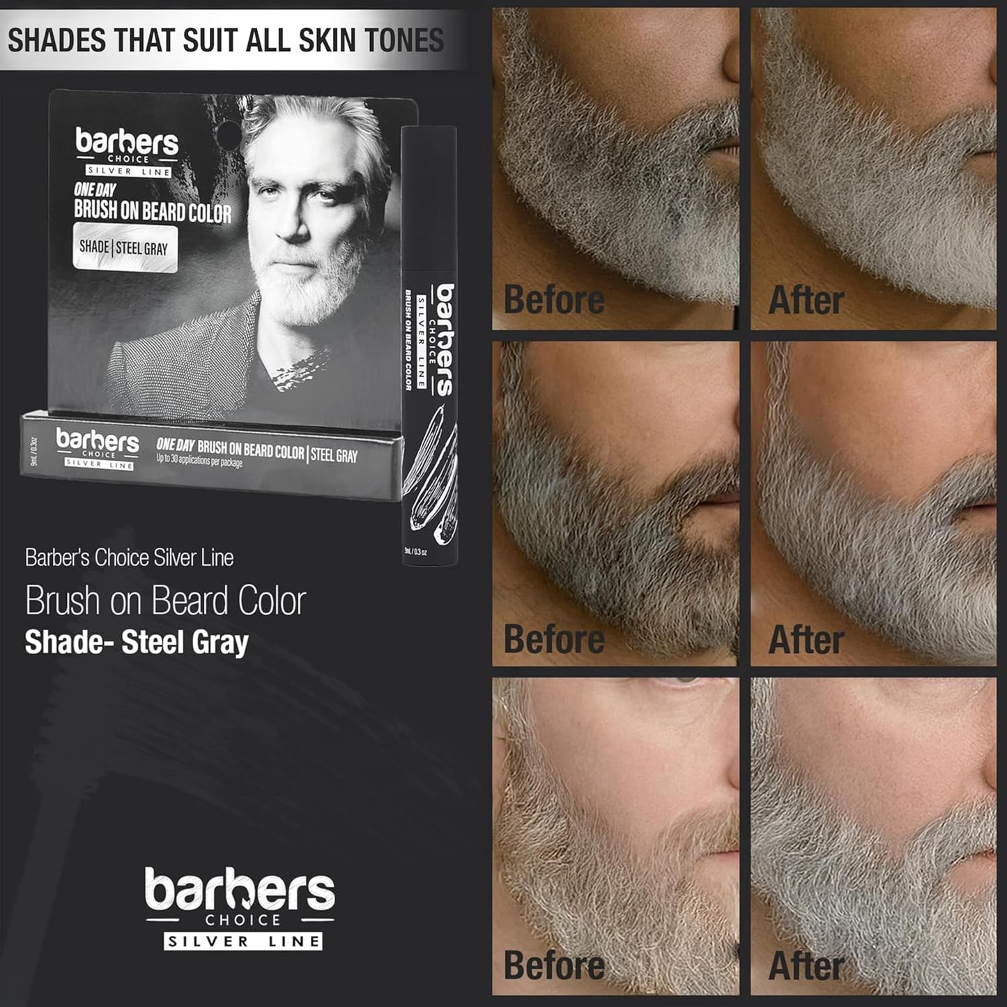 Barbers Choice Silver Line, Facial Hair Brush on Temporary Color for Silver Fox Men- Instantly Brighten White Beards, Mustache & Sideburns, Less Yellow, Easy Application, Steel Gray