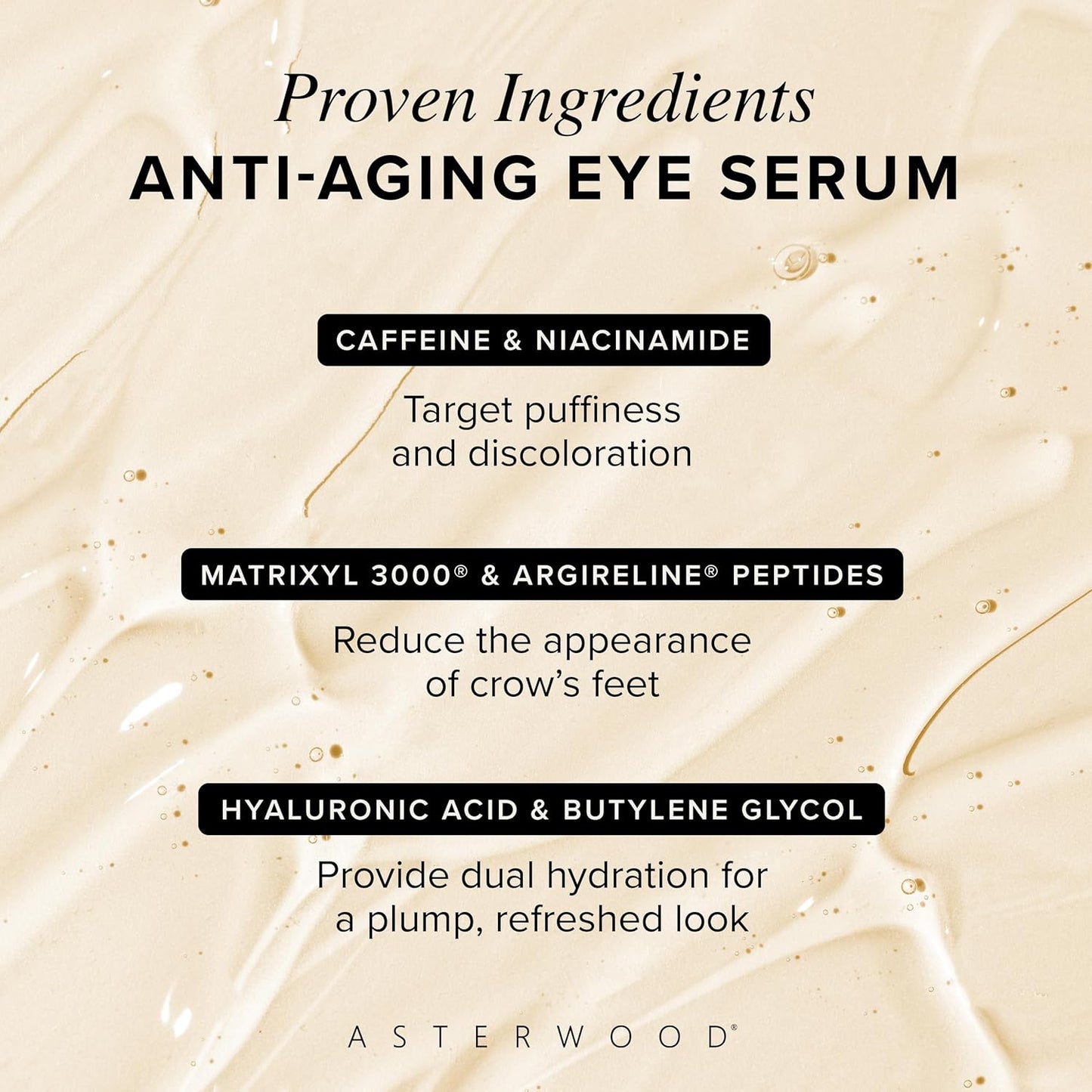 Asterwood Hyaluronic Acid Eye Serum - Reduces Undereye Bags, Wrinkles, Dark Circles, Fine Lines, & Crow's Feet - with Matrixyl 3000, Niacinamide & Caffeine - Treatment for Women & Men - 0.5 Fl Oz