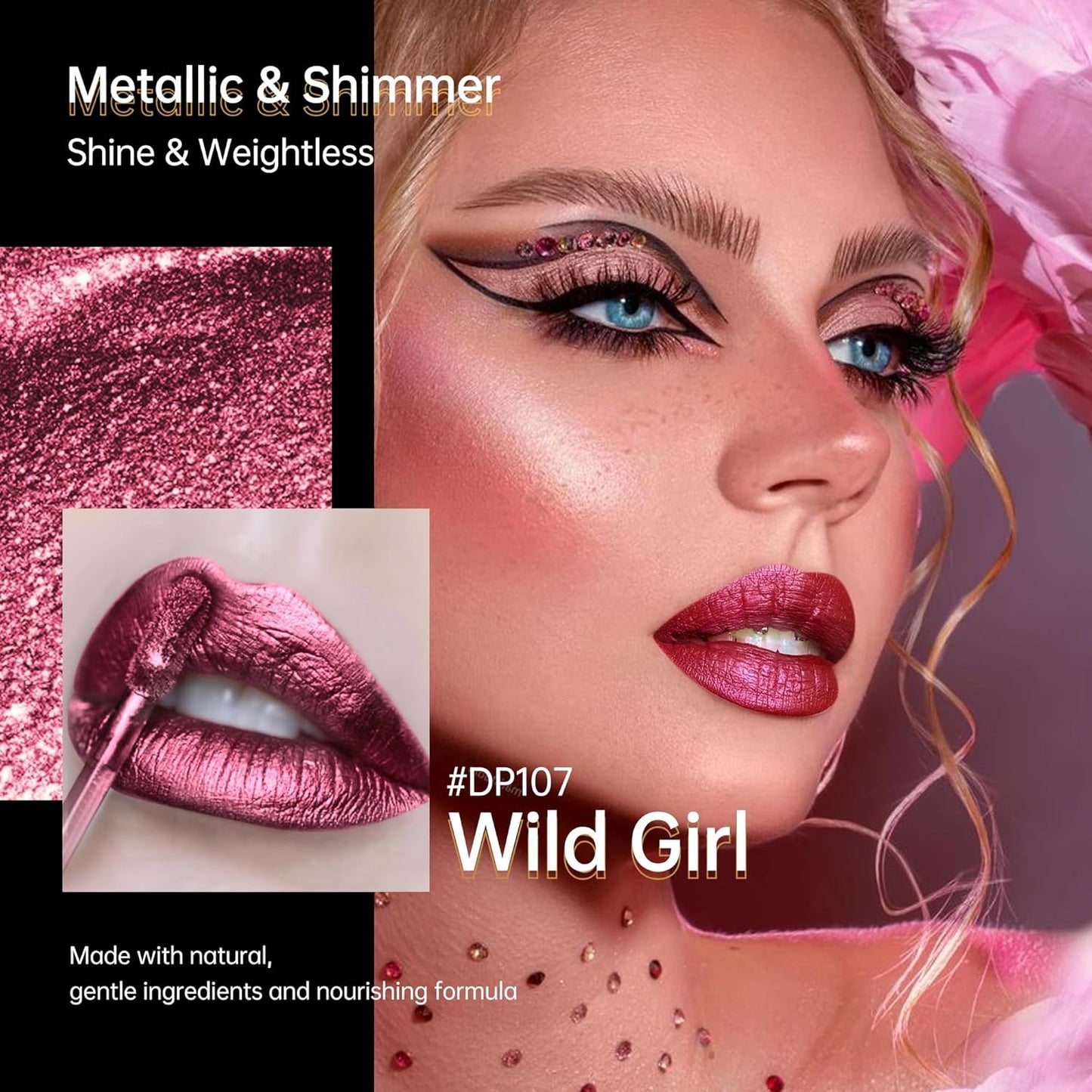 Burgundy Lipsticks for Women Metallic Lipstick Long Lasting Non Stick Cup Lip Gloss, Shimmer Lightweight Hydrating Full Coverage Lip Color, DP107 Wild Girl