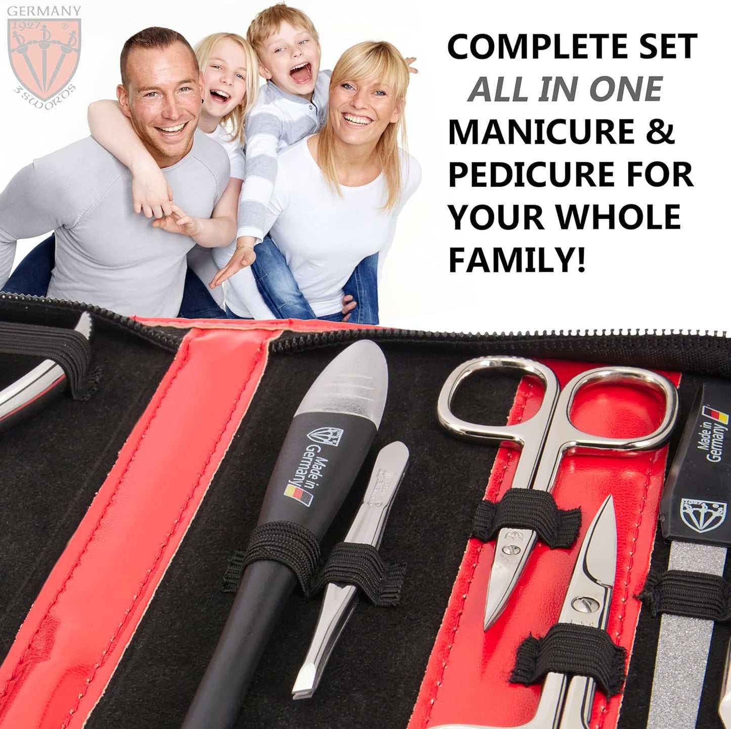 3 Swords Germany - brand quality 10 piece manicure pedicure grooming kit set for professional finger & toe nail care scissors clipper fashion leather case in gift box, Made by 3 Swords (03614) Red
