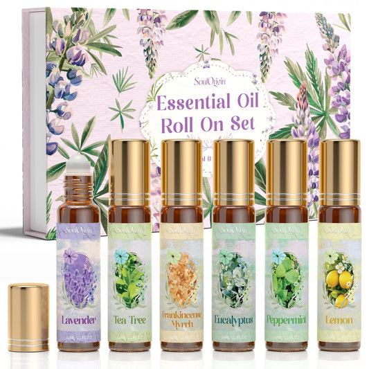 Essential Oil Roll On Set, Natural Aromatherapy Oils with Portable Roller Ball for Skin Care- Tea Tree, Frankincense & Myrrh, Lavender, Peppermint, Eucalyptus, Lemon - Gifts for Women & Men