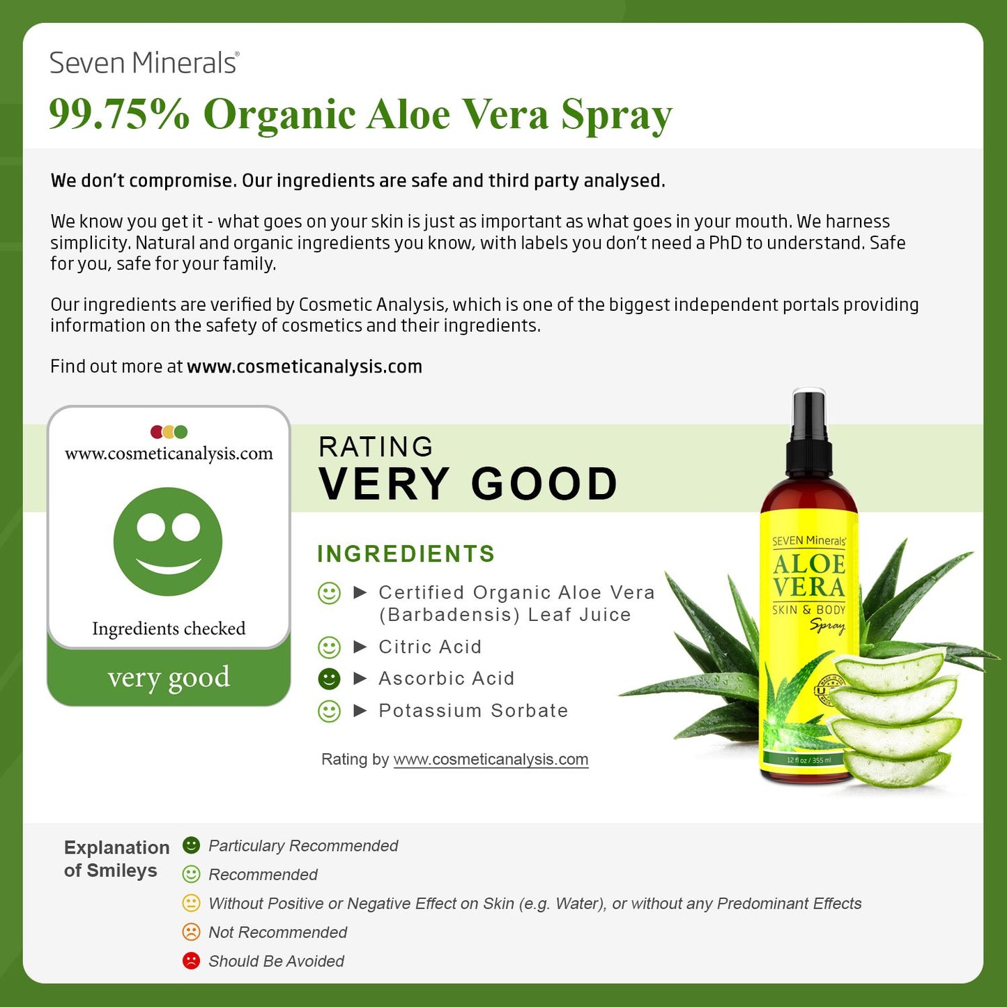 Seven Minerals Travel Size Organic Aloe Vera Spray with 100% Pure Aloe From Freshly Cut Aloe Plant, Not Powder - No Xanthan,So It Absorbs Rapidly With No Sticky Residue (2 fl oz)