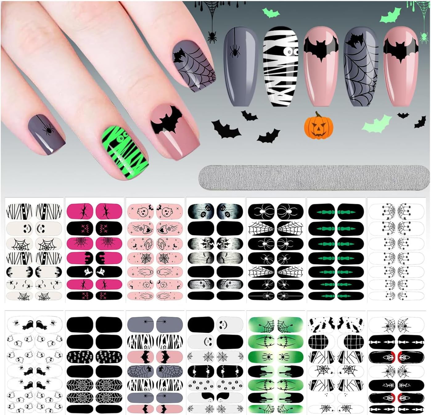 EBANKU 14 Sheets Halloween Full Wrap Adhesive Nail Polish Stickers Glow in The Dark, Cute Ghost Bats Spider Webs Skeleton Nail Strips Wraps with Nail File for Party Decor