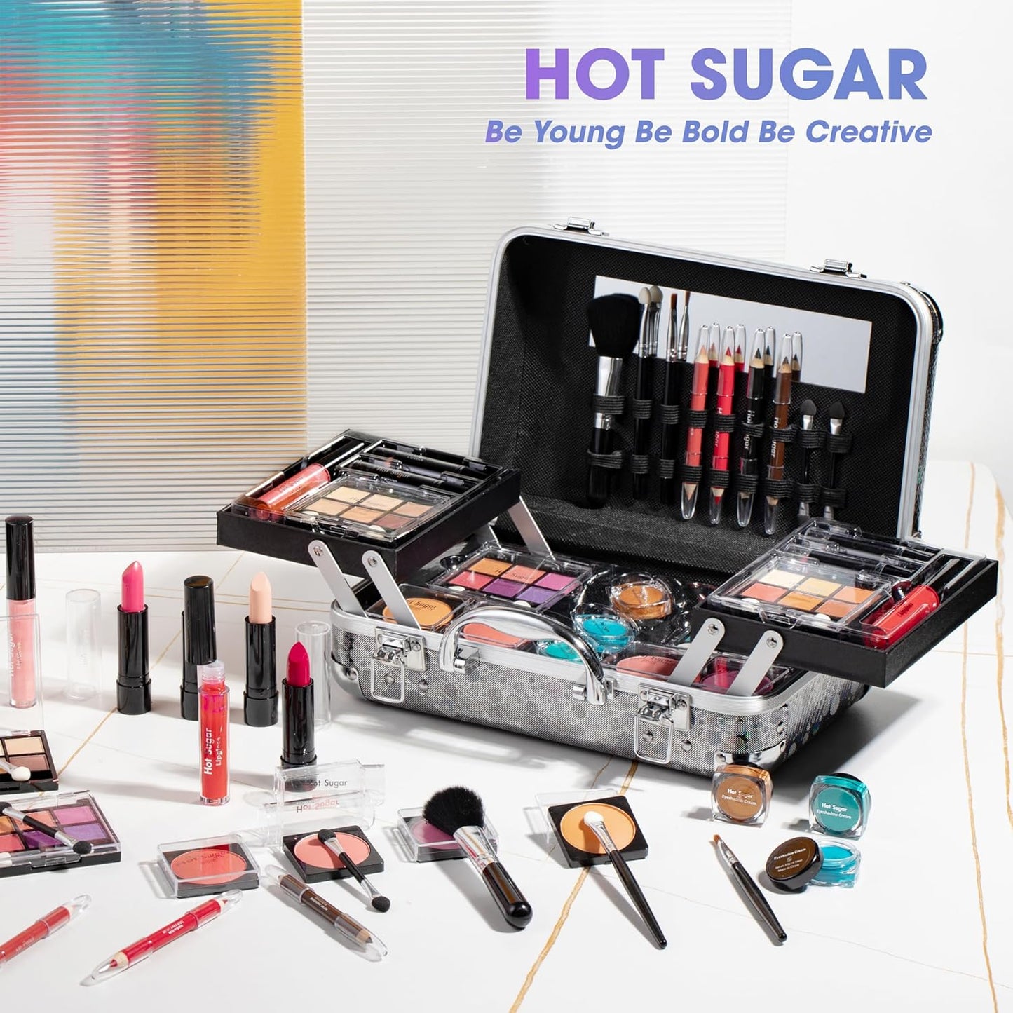 Hot Sugar Makeup Kit for Girls 10-12, Teen Girls Makeup Set for Beginners With Eye Shadow Palette, Blush, Lip Gloss, Brush, Mirror (Black Bubble)