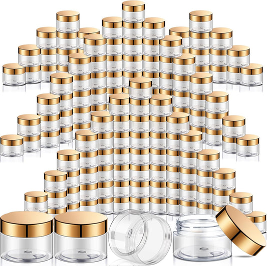 SATINIOR 100 Pcs Plastic Jars with Lids Small Containers Lids Wide Mouth Small Plastic Containers for Lotion Cream Rhinestones Body Butters Travel Storage(2 oz,Gold)