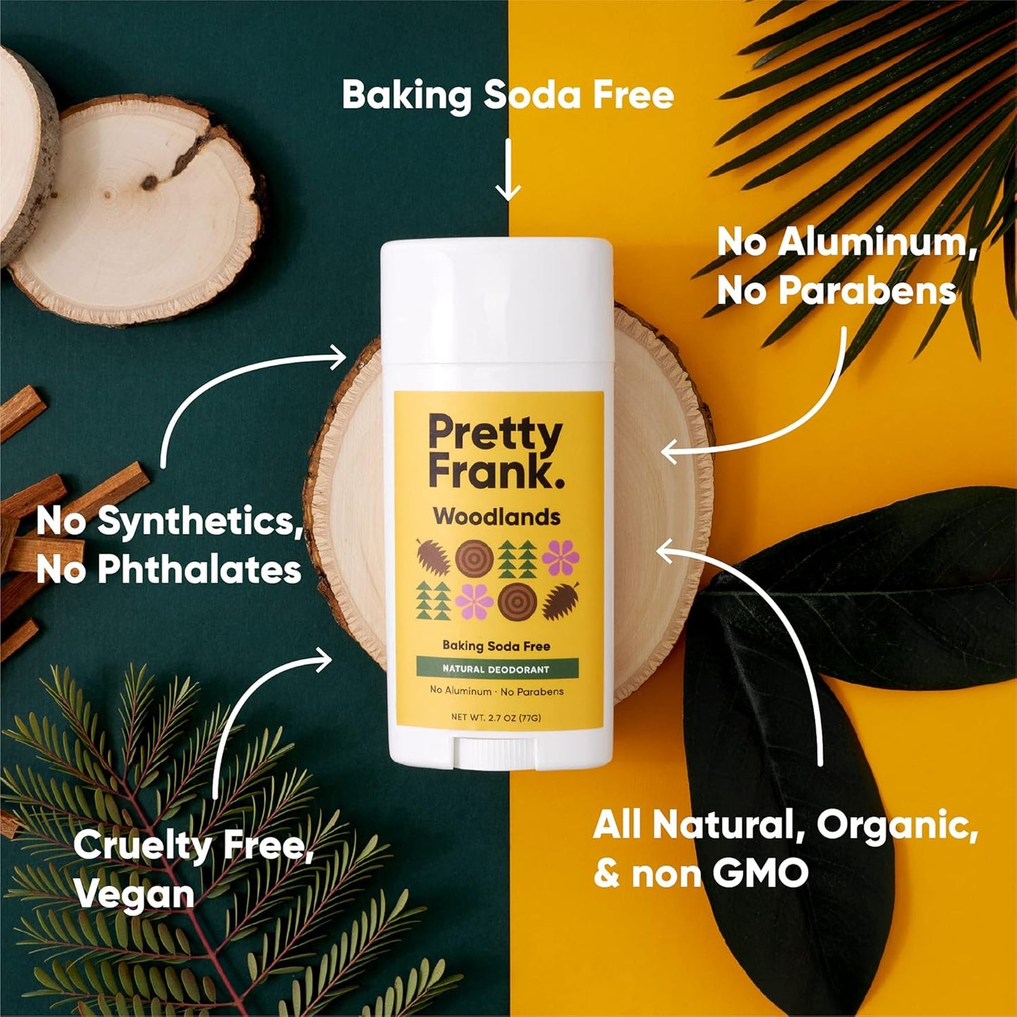 Pretty Frank Natural Aluminum-Free Deodorant Stick, Baking Soda-Free, Woodlands (1-Pack) | Sensitive Skin Friendly, Effective Odor Control for Women & Men, Organic Ingredients and Essential Oils