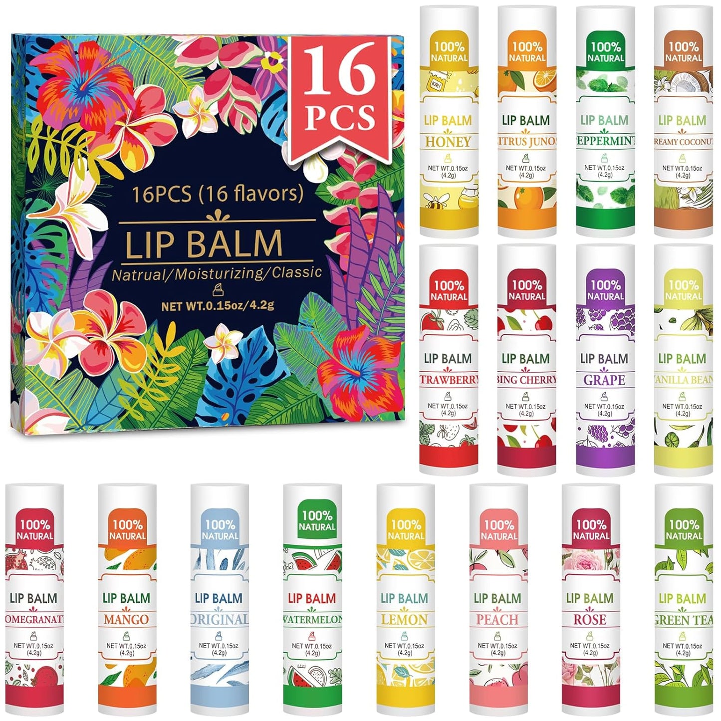 16 Pack Lip Balm, Natural Lip Balm Bulk with Vitamin E and Coconut Oil, Bulk Moisturizing Lip Balms for Dry Lips-16 Flavors