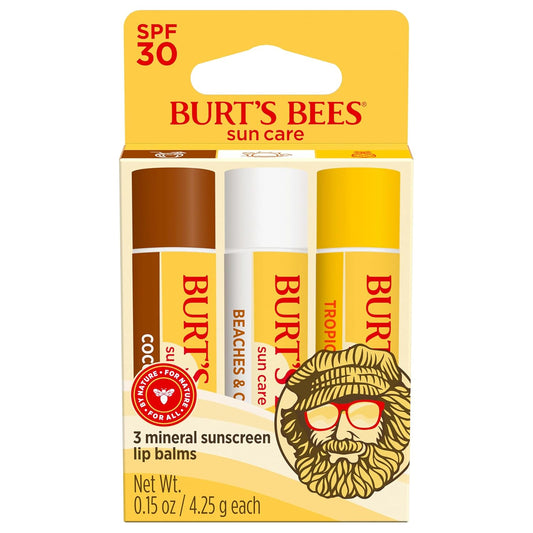 Burt’s Bees SPF 30 Lip Balm, Island Getaway - Coco Loco, Beaches & Cream, Tropic Like It's Hot, Water-Resistant Sun Care, Natural Origin Lip Treatment, 3 Tubes, 0.15 oz