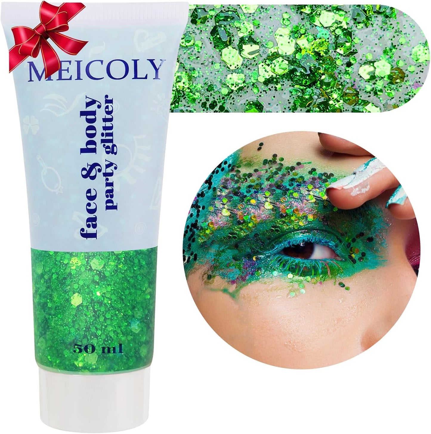 MEICOLY Green Face Body Glitter,St Patricks Day Accessories,Green Face Paint Glitter Gel Chunky Makeup,Sparkling Festival Rave Outfits for Women,Saint Patrick's Day Hair Alien Glitter