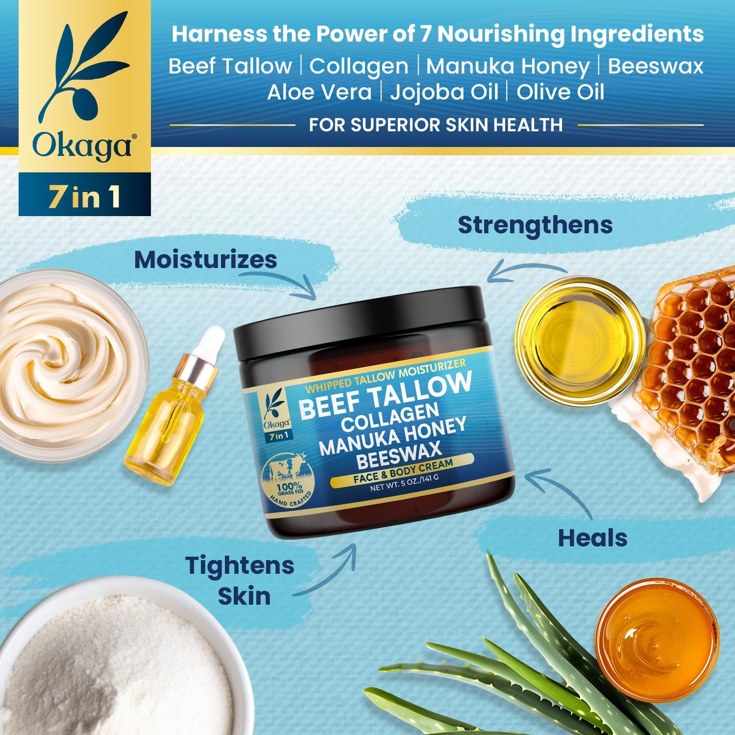 Organic Beef Tallow for Skin, Organic Grass-Fed Beef Tallow Balm with Manuka Honey, Aloe Vera, Jojoba Oil, Collagen & Beeswax, Olive Oil, Moisturizer for Dry Skin, Nourishes Face, Body & Lips (3 Pack)