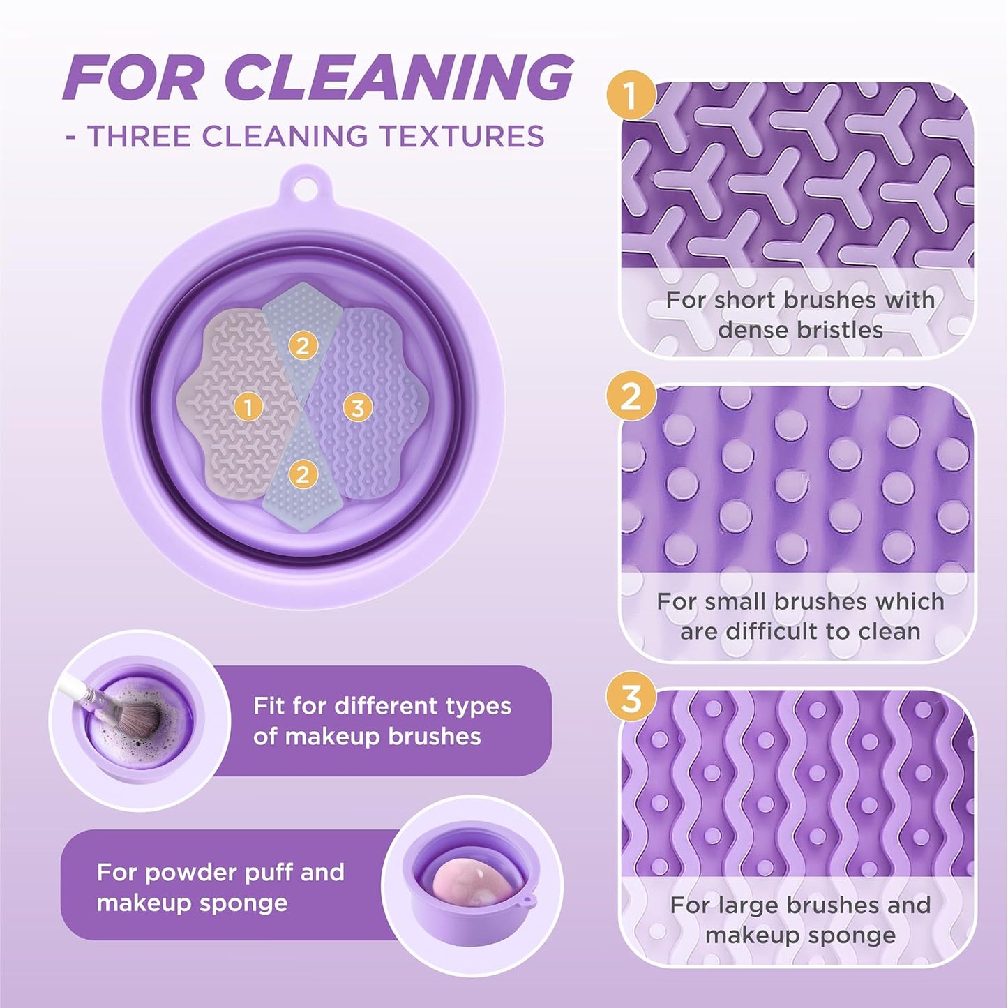 Makeup Brush Cleaner - Foldable Silicone Makeup Brush Cleaner Mat with Brush Storage Holder Makeup Brush Cleaning Bowl Cosmetic Brush Washing Tool for Cleaning Organizer and Drying (Purple and Blue)