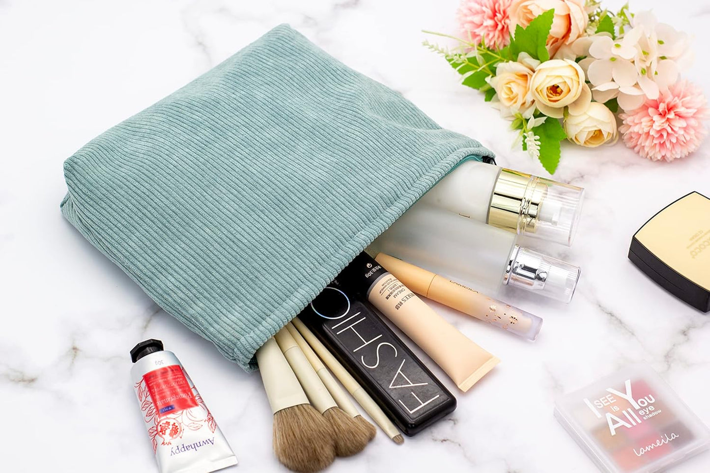 PAZIMIIK Makeup Bag Large Zipper Corduroy Make Up Pouch for Purse Travel Canvas Cosmetic Organizer for Women Brush Storage,Blue