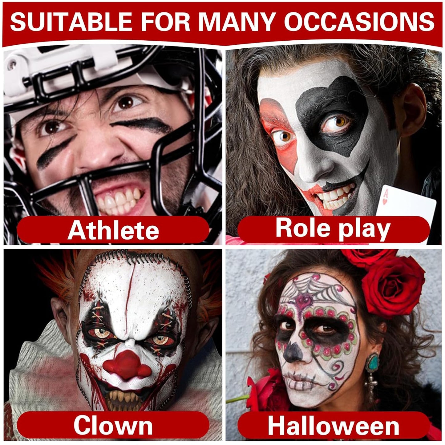 3 Colors Black White Red Face Body Paint Clown Makeup Palette Professional Face Paint for Halloween Cosplay Sfx Joker Zombie Vampire Makeup