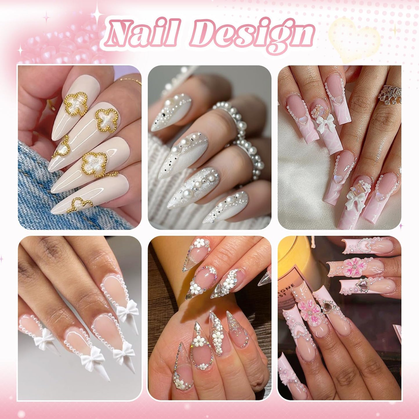 2 Boxes Flatback Pearls (White) and Metal Nail Beads (Silver+Gold) for Acrylic Nail Tips Manicure Decor