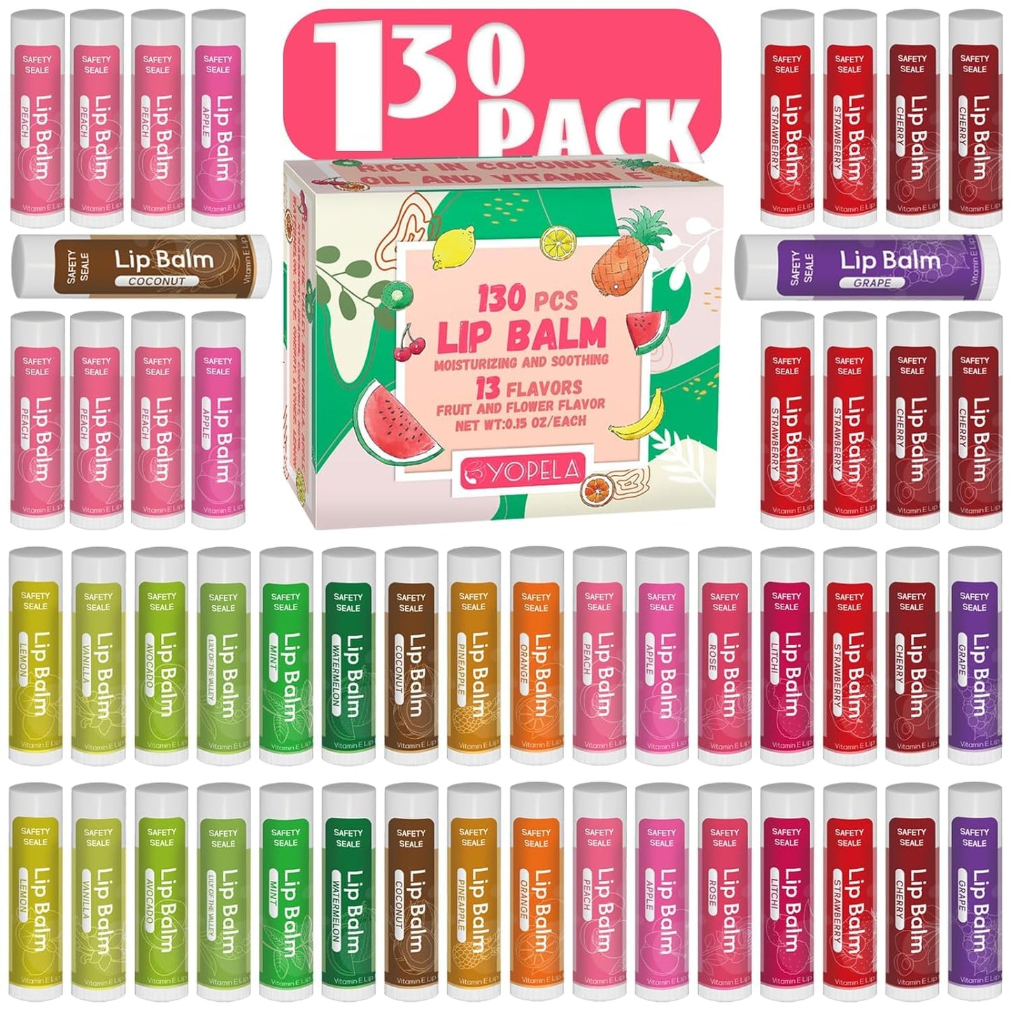 130 Pack Natural Lip Balm Bulk with Vitamin E and Coconut Oil Valentine's Day best choice - Moisturizing, Soothing, and Repairing Dry and Chapped Lips - 10 Flavors - Non-GMO