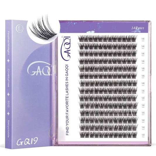 GAQQI Lash Clusters, GQ19 Individual Lashes 168pcs D Curl, DIY Lash Extension 14mm Length Only False Eyelash Clusters, Natural & Wispy Lash Wisps (GQ19,D Curl,14mm)