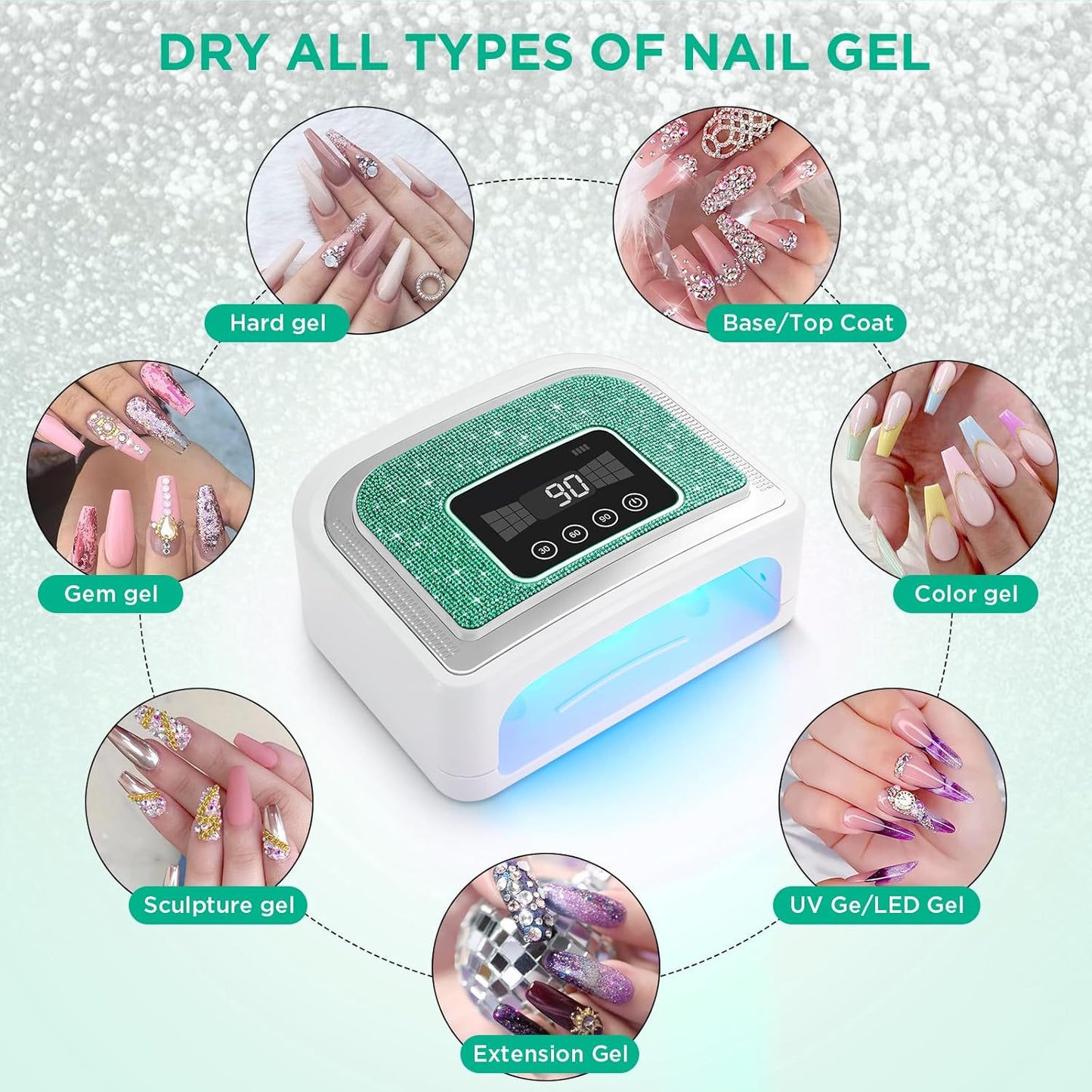 Cordless Nail Lamp, Rechargeable UV Nail Lamp for Gel Nails, LED Nail Lamp with 4 Timer Modes, Gel Nail Light Decorate with Sparkling Nail Rhinestones Diamond (Sparkly Green Diamond)