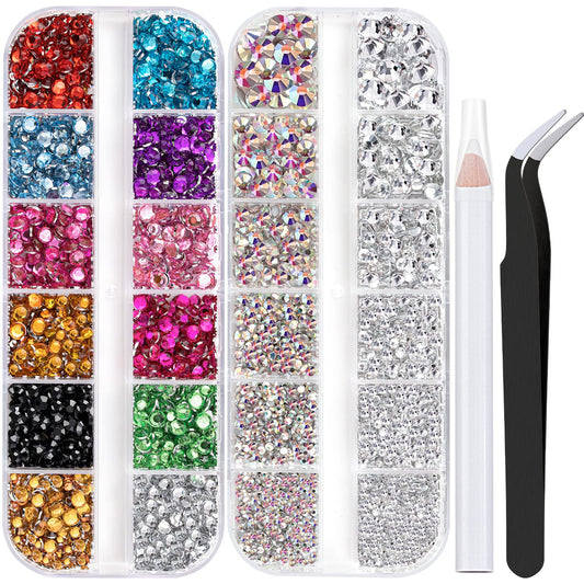 Two Packs of Flatback Rhinestones 4520 Pcs Crystal, Colorful Rhinestones for Nails, Multicolored+ AB+Transparent White Gems with Picker Tools for Bedazzling Nail Crafting Face Makeup