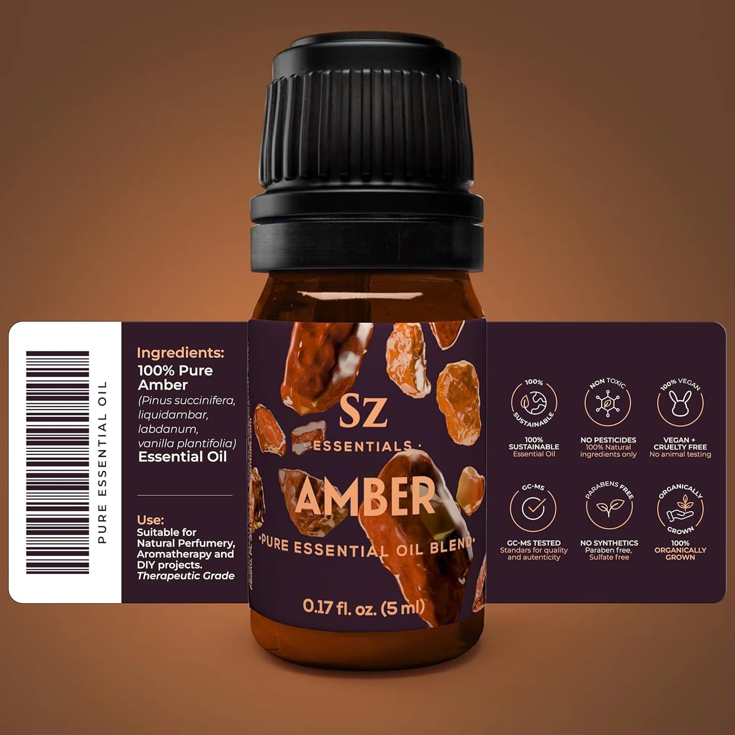 Amber 100% Pure, Essential Undiluted Oil - Extracted from Amber Resin - Rich & Floral Scent, with Smoky Overtones - Therapeutic Grade & Vegan - 0.17oz (5ml)