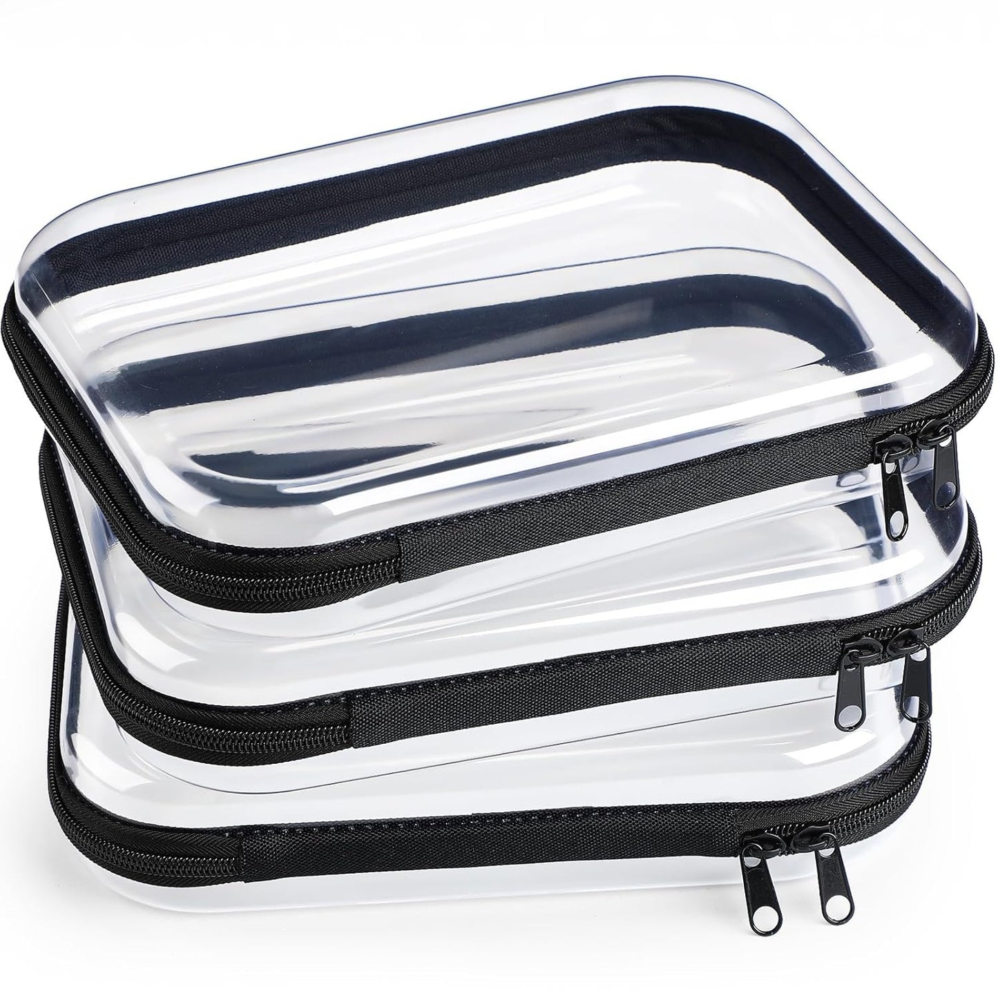 Hoolerry 3 Pcs Clear Hard Zipper Case Plastic Pouch Transparent Hard Case Clear Makeup Bag Portable Travel Organizer Bin for Cosmetics, Building Blocks, Puzzles(Black,M)