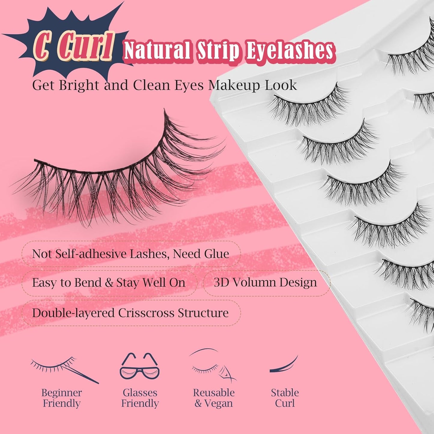 Natural Looking Eyelashes Wispy Lashes Short Strip Lashes False Eyelashes 10mm Eye Lashes Pack 3D Volume Eyelashes Siligli Lashes 7 Pair