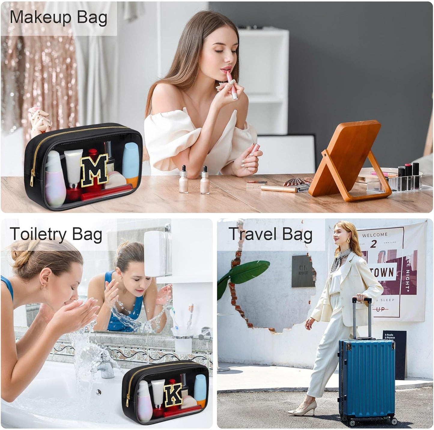 YOOLIFE Travel Clear Makeup Bag Toiletry Bag, Make up Bag Waterproof Toiletry Bags for Women Cosmetic Bag Birthday Gifts for Women Personalized Mother Girlfriend Wife Bridesmaid Gifts Black Letter O