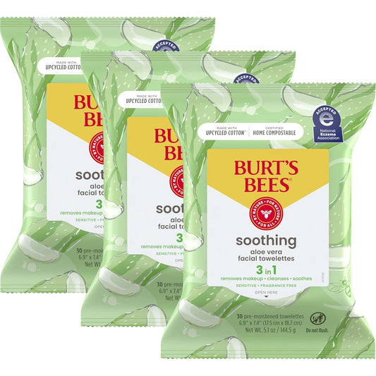 Burt's Bees Back To School Dorm Essentials, Aloe Vera Face Wipes, for Sensitive Skin, Soothing Makeup Remover & Facial Cleansing Towelettes, 30 Ct. (3-Pack)