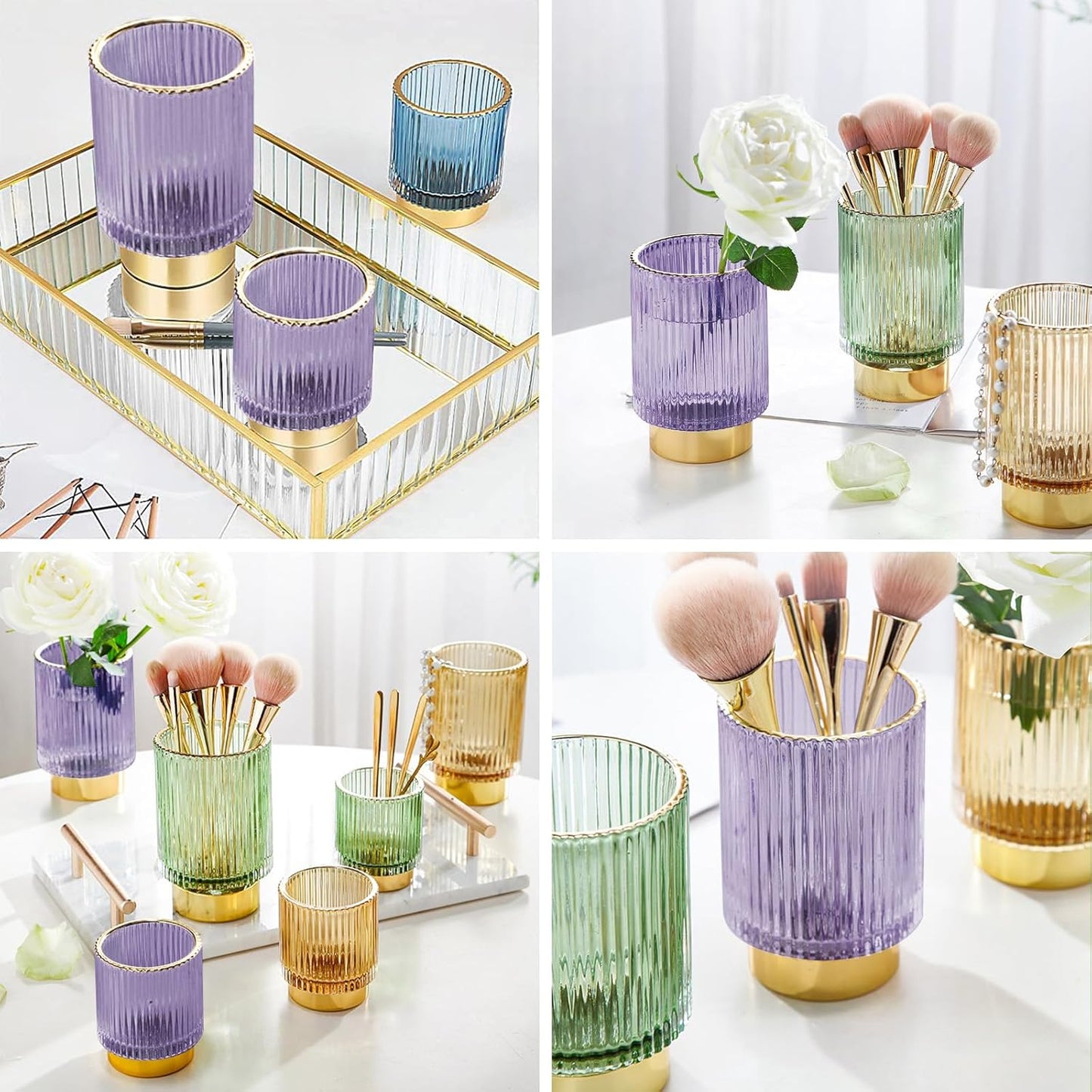 DASITON Makeup Brush holder Organizer,Crystal Cosmetic Makeup Brush Glass Brushes Storage Holder, Vintage Make Up Brush Cup Pen Pencil Holder striped vase(Purple S+L)