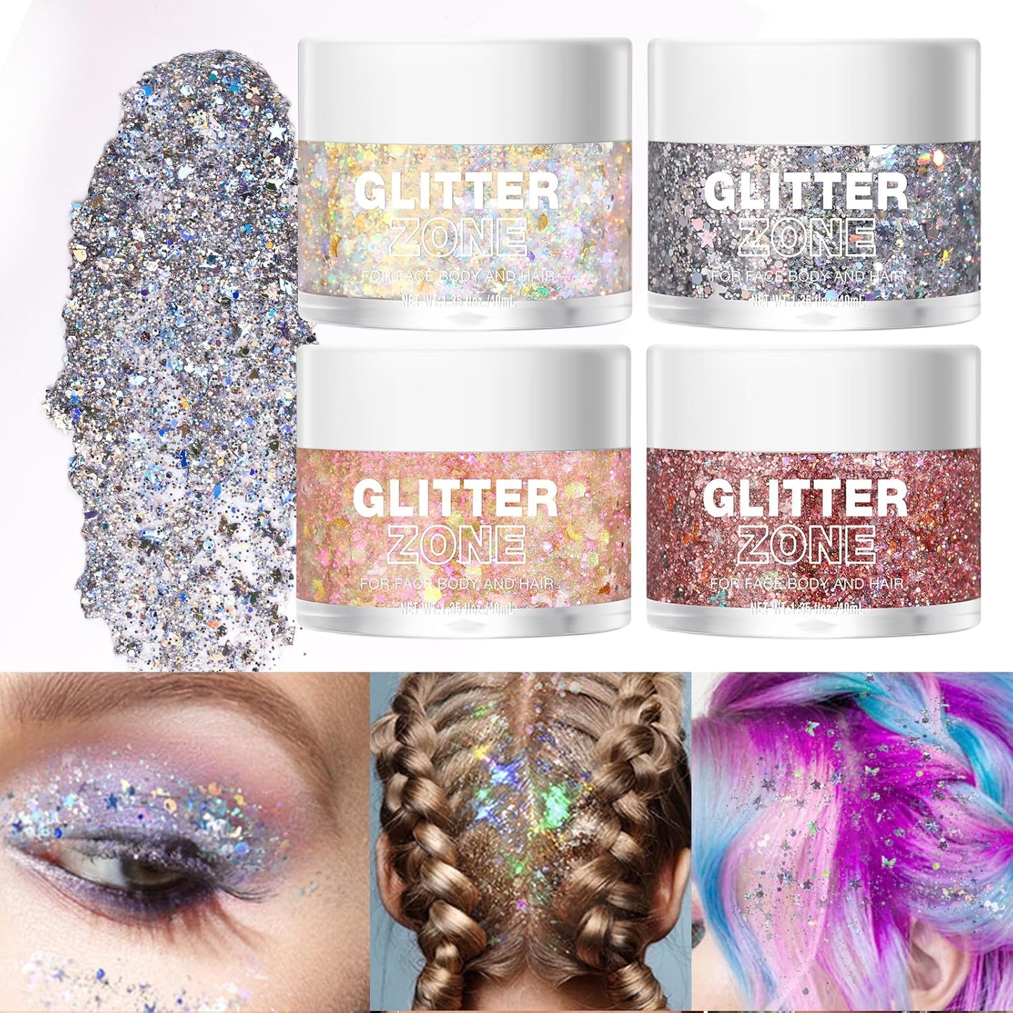 LANGMANNI Holographic Body Glitter Gel for Body, Face, Hair and Lip.Color Changing Glitter Gel Under Light. Vegan & Cruelty Free-1.35 oz (5# Silver Fantasy)