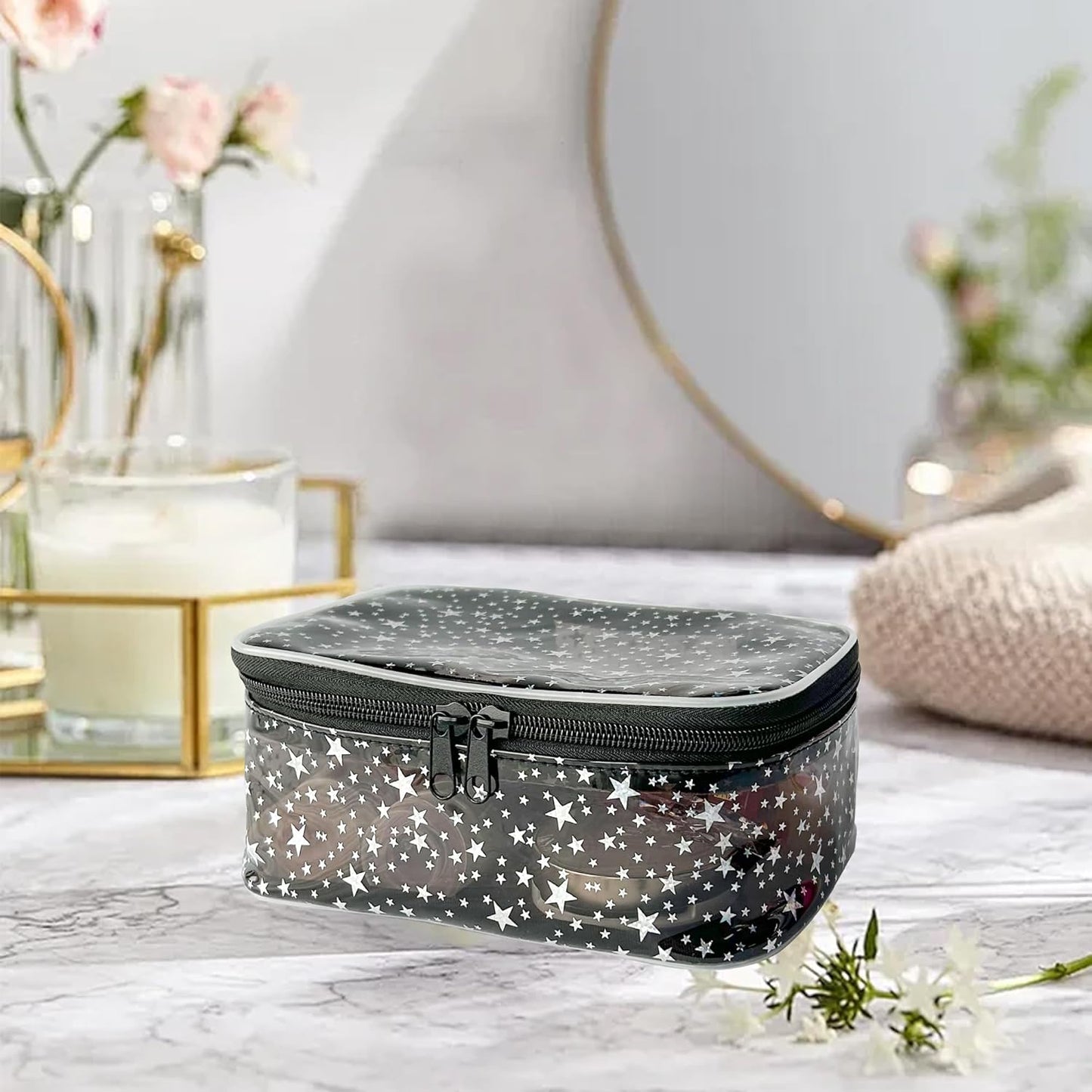 Holographic Makeup Bags Bulk,Clear Storage Bag Toiletry Pocket Portable Zippered Iridescent Pouch Waterproof Cosmetic Gift Bags for Women (Black)