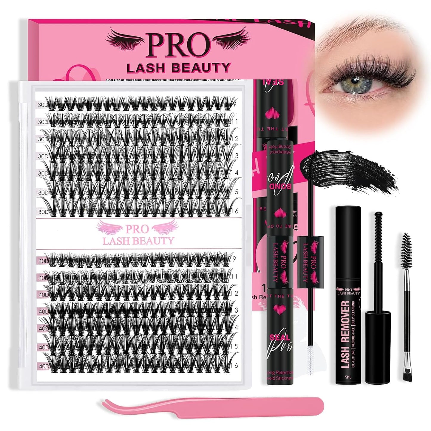 Lash Clusters Kit 280Pcs Lash Clusters Eyelash Extension Kit with Lash Bond and Seal Lash Remover Lash Applicator Individual Lashes Kit Eyelash Brush Easy to Apply at Home(30D+40D-9-16mix Kit)