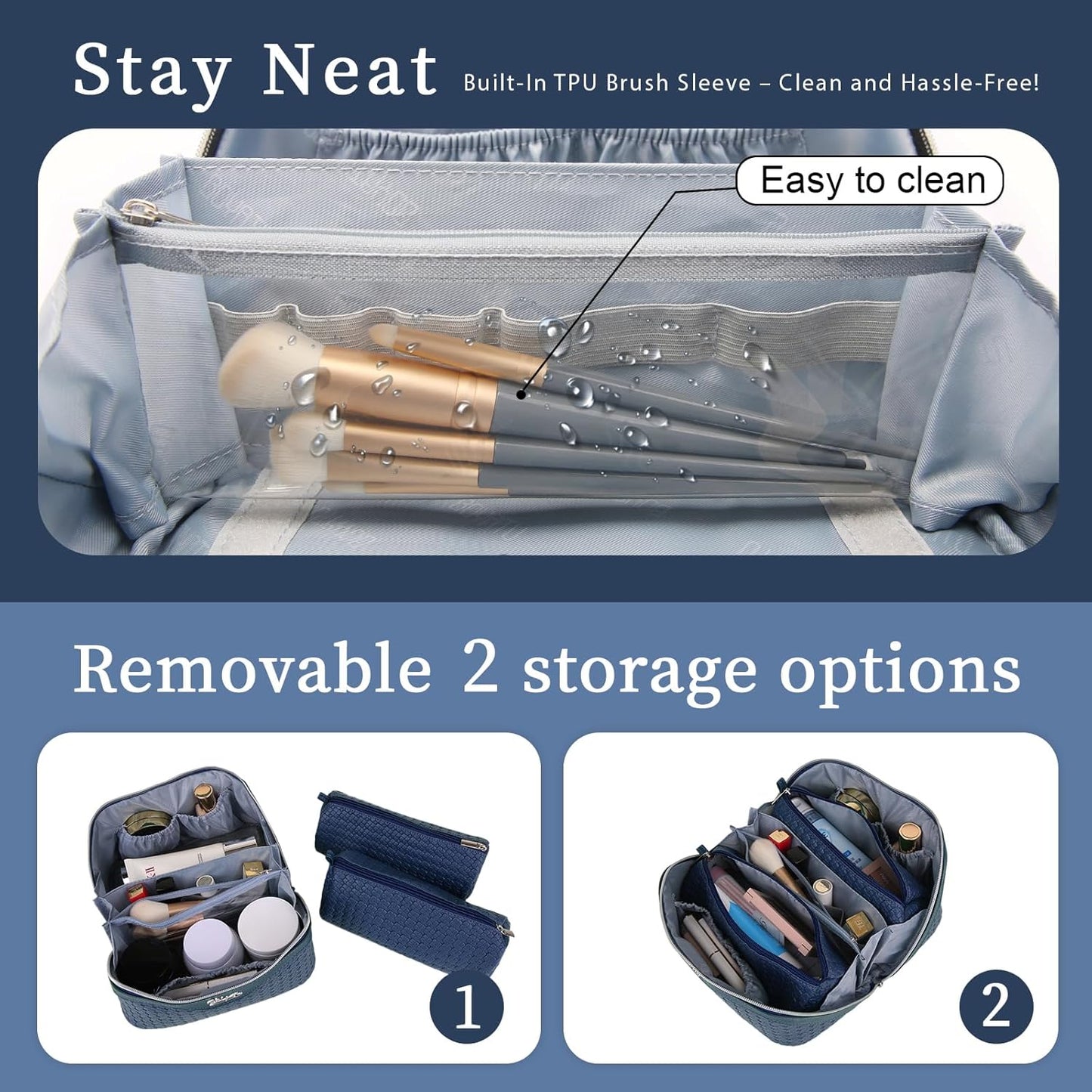 BOYATU Travel Makeup Bags for Women: Large Cosmetic Bag - 3 Set Make up Bags with Compartments - Vegan Leather Makeup Organizer Wide Open Portable Pouch (L20 Blue)