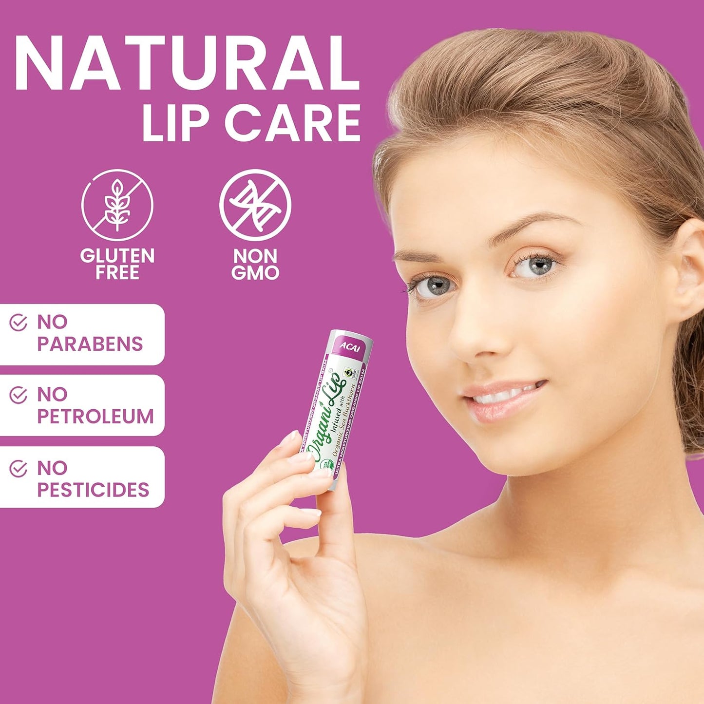 OrganiLip Organic Lip Balm, Acai Flavor, Ultra Hydrating Lip Moisturizer for Cracked or Dry Lips, Oval Shaped Tube, USDA Certified Organic, 3 Pack