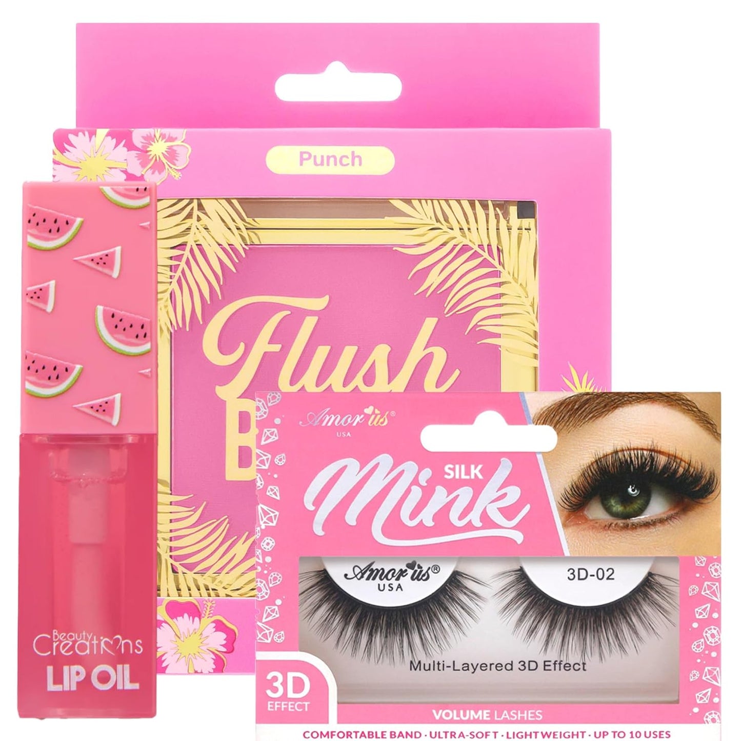 Beauty Mystery Bundle Amorus Flush Blush Powder, Long Lasting, Buildable formula, 3D Mink Reusable Eyelashes, Sweet Dose Lip Oil Nourishing & Exfoliating