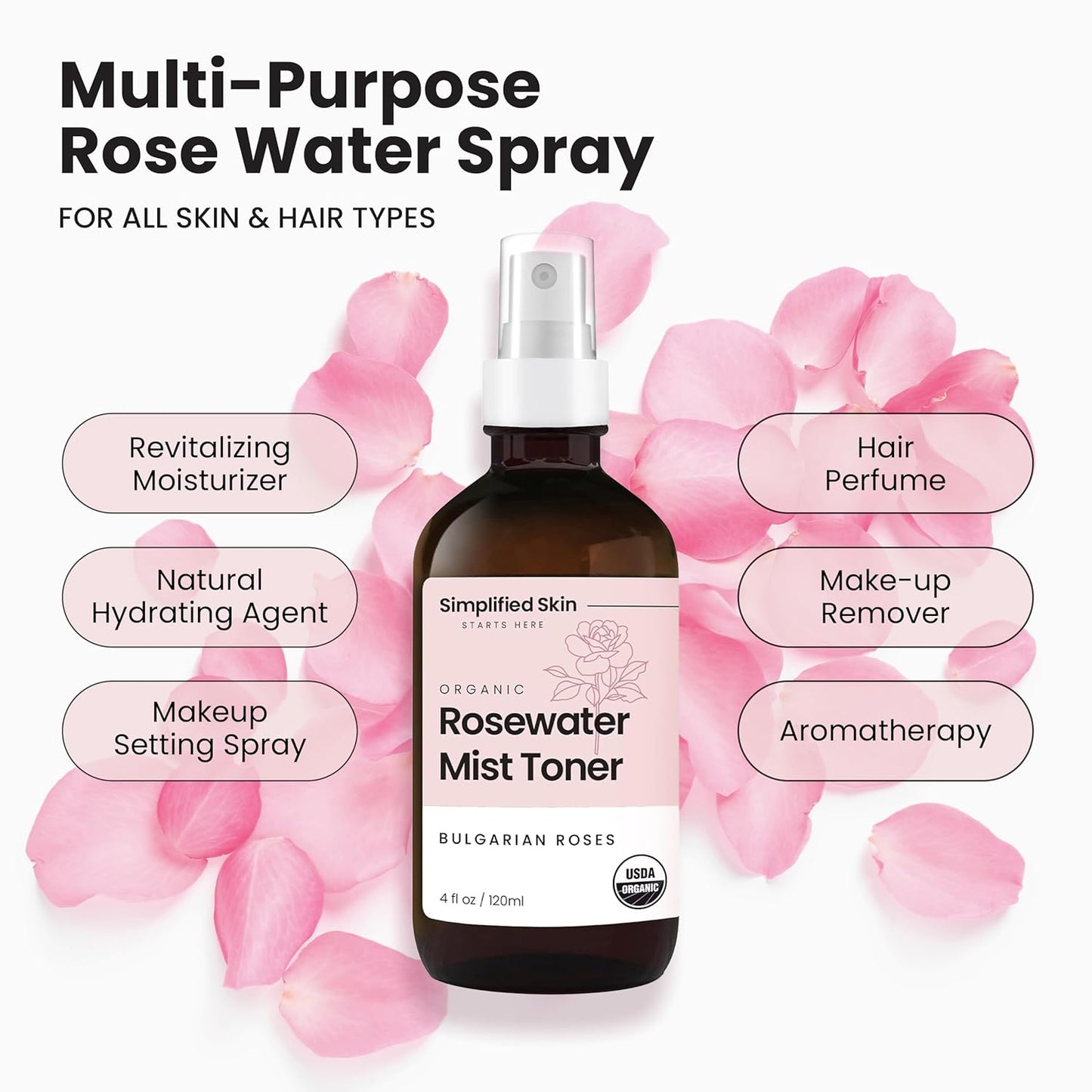Simplified Skin Rose Water Spray for Face – Natural Organic Facial Toner – Hydrating Face & Hair Mist & Makeup Remover – Alcohol-Free 4 Fl Oz 3-Pack