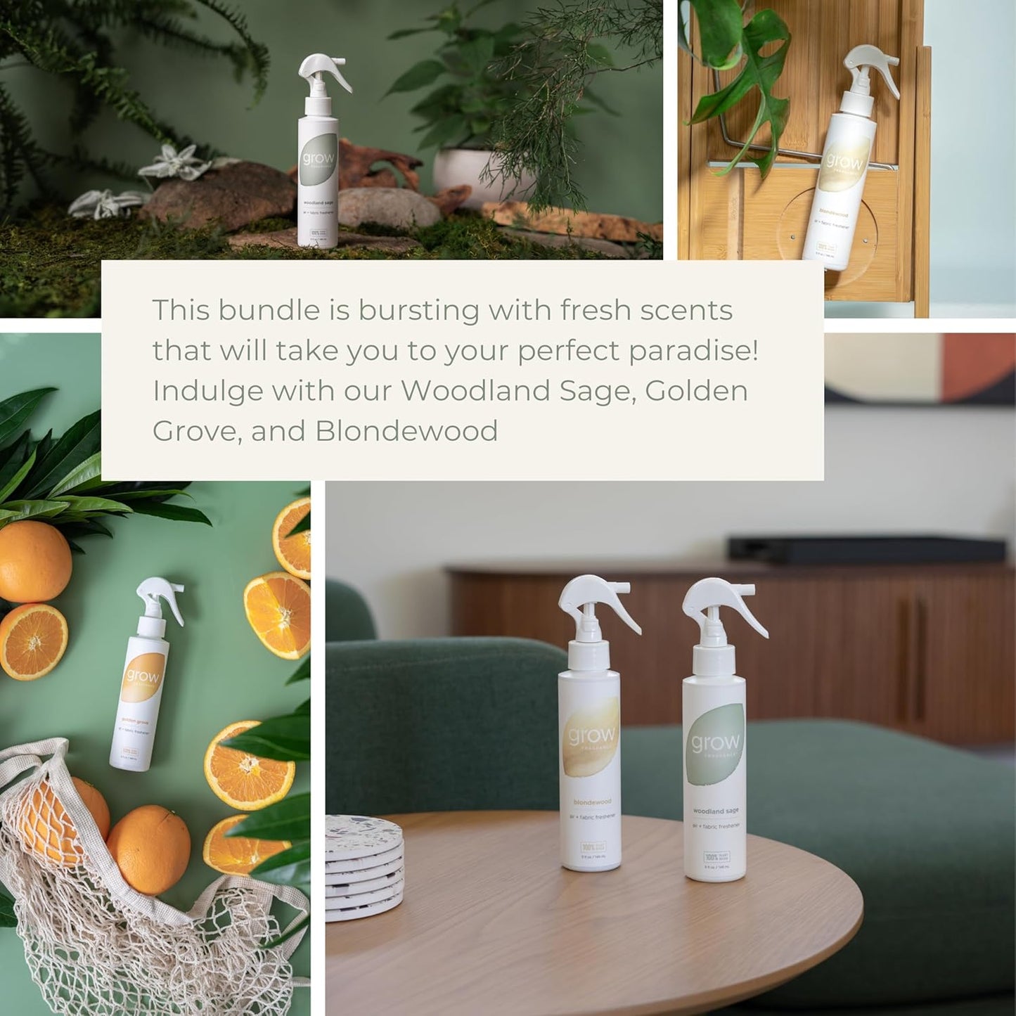 Grow Fragrance 100% Plant-Based Air Freshener Spray | Freshen Fabric & Rooms | Golden Grove, Woodland Sage, Blondewood Scents | Made with Natural Essential Oils - Variety 3 Pack, 5 oz each