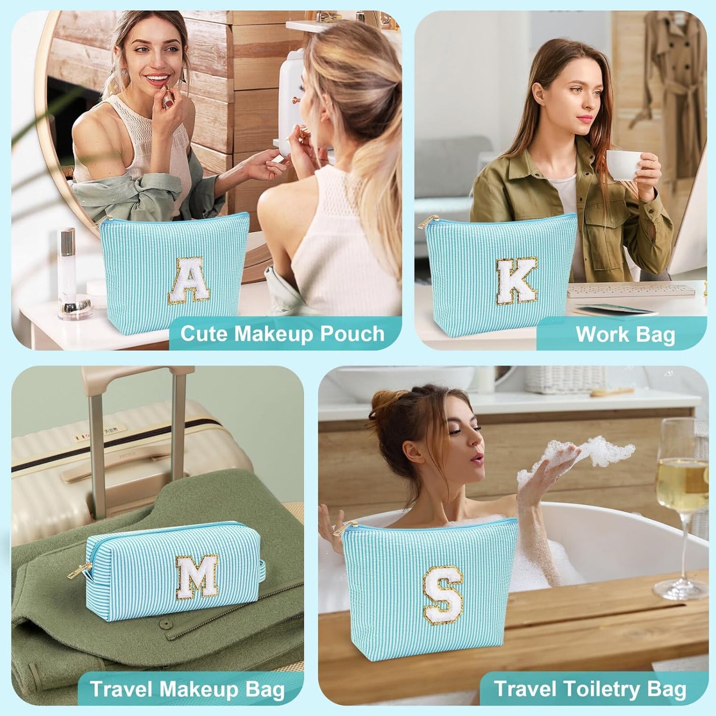 YOOLIFE Makeup Bag for Girls Teen Girl, 2 Pieces Monogram Make Up Bag | Makeup Pouch | Beauty Bag Personalized Friend Sister Wife Wedding Bride Stocking Stuffers for Girls Teen Daughter Sister S