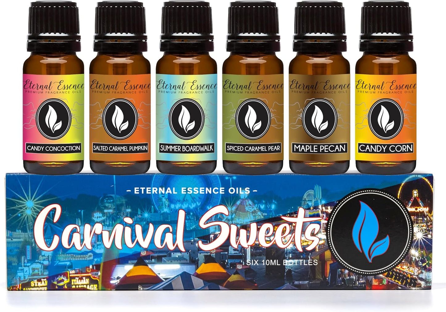 Eternal Essence Oils Carnival Sweets Set of 6 Premium Fragrance Oils - Candy Corn, Salted Caramel Pumpkin, Candy Concoction, Summer Boardwalk, Spiced Caramel Pear, and Maple Pecan Scented Oils - 10ML