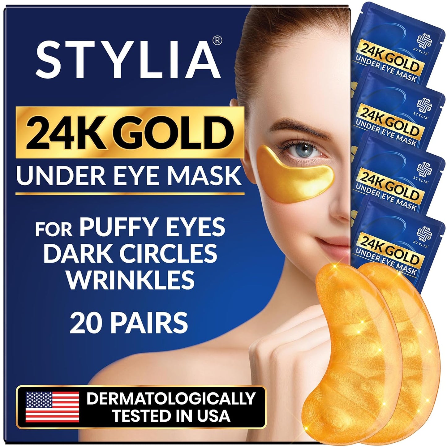 Stylia Under Eye Patches for Puffy Eyes and Dark Circles (20 Pairs) - 24k Gold Under Eye Mask with Vitamin C, Hyaluronic Acid, Pearl Extract - Eye Masks for Dark Circles and Puffiness