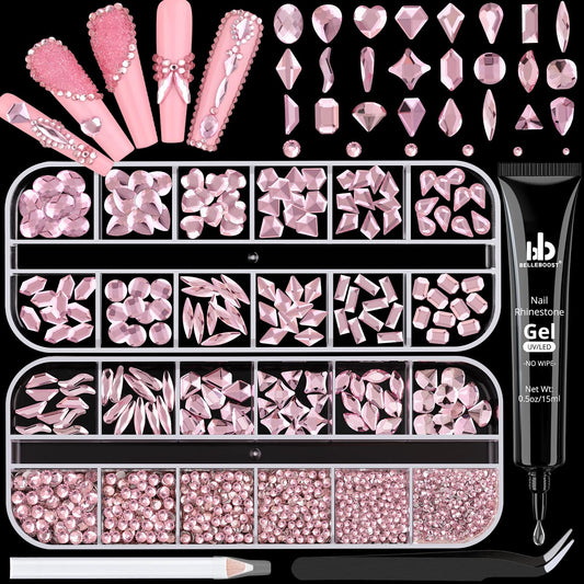 1680Pcs Pink Glass Nail Rhinestones 180Pcs Multi Shapes Flatback Nail Gems + 1500Pcs 1.5-4mm Round Crystal with Rhinestones Glue Gel, Manicure Nail Charms Diamond Gemstones for Nail Art