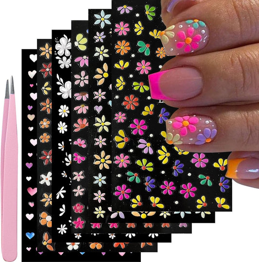 Nail Art Stickers Decals 5D Embossed Flower Nail Decals Self Adhesive Spring Summer Heart Daisy Nail Supplies 3D Nail Design for Women Nail Decoration Colorful Flower Nail Stickers