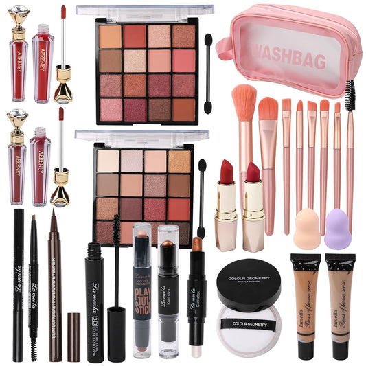 All in One Makeup Kit For Women Girls Teens 2x16 Colors Eyeshadow Palette Liquid Foundation Eyeliner Pencils Contouring Stick Lip Gloss Eyebrow Pencils Mascara Powder Puff Makeup Brushes Makeup sets