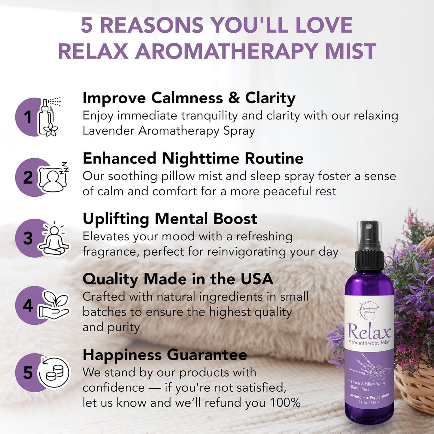 Relax Lavender Spray for Sleep, Natural Linen Spray for Bedding, Perfect Lavender Pillow Spray for Sleep. Aromatherapy Bed Spray with Lavender & Peppermint Essential Oils by Brookethorne Naturals 4oz