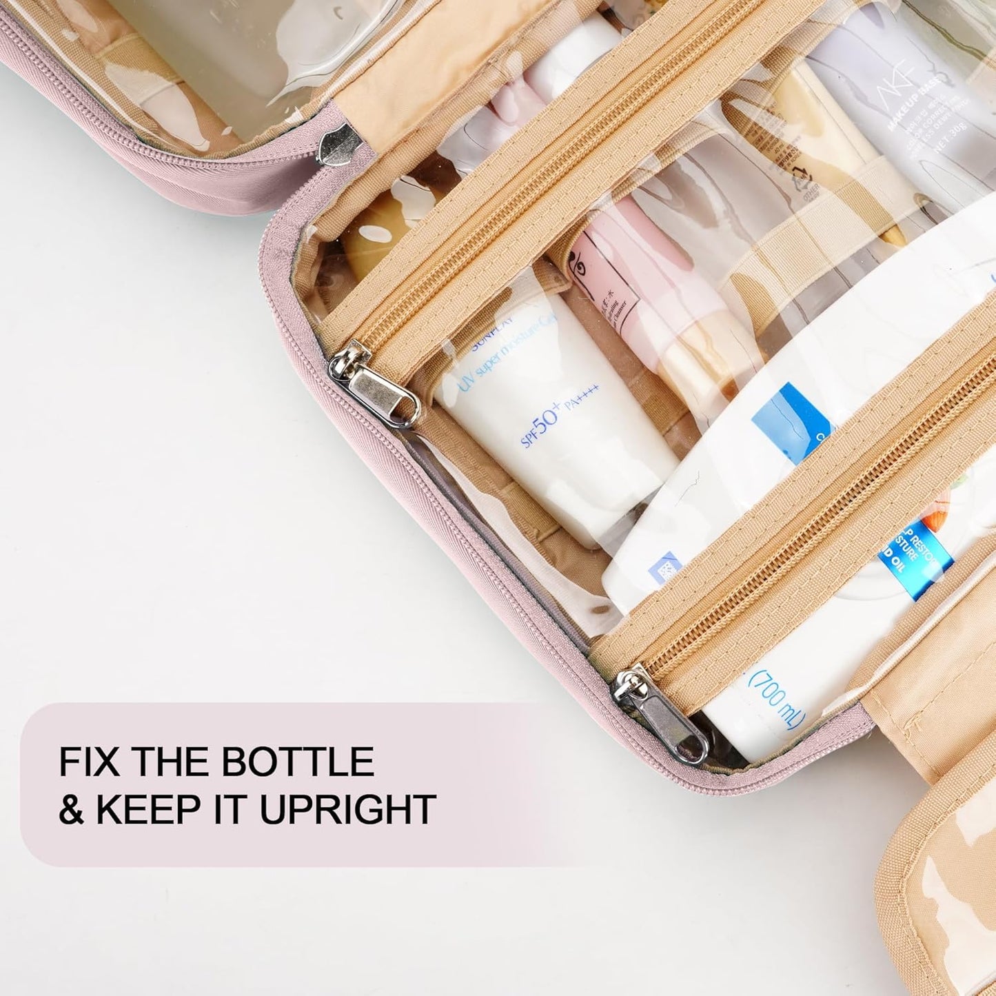 Travel Hanging Toiletry Bag for Women, with Jewelry Organizer Compartment, Medium Waterproof Hanging Makeup Accessories, Cosmetic Essentials, Toiletries Dopp Kit Set with Trolley Belt, Baby Pink