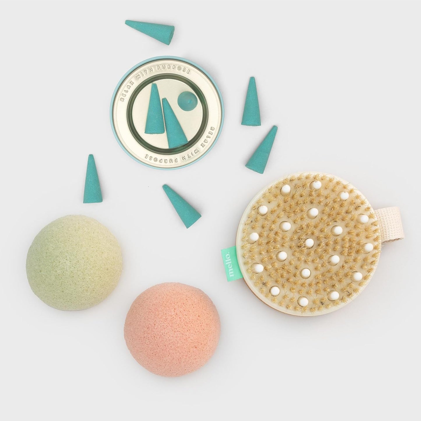 Mello Bath Accessories Deep Soak | Self Care Gifts for Women | Spa Gifts for Women & Relaxation Gifts for Women | Bath Accessories Includes Konjac Sponge, Incense Cones & Exfoliating Brush