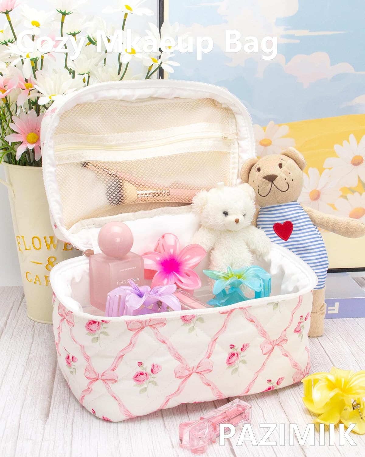 PAZIMIIK 3PCS Makeup Bag SET Large Travel Quilted Zipper Soft Cosmetic Case Pouch for Women Girls Make Up,Bow Rose